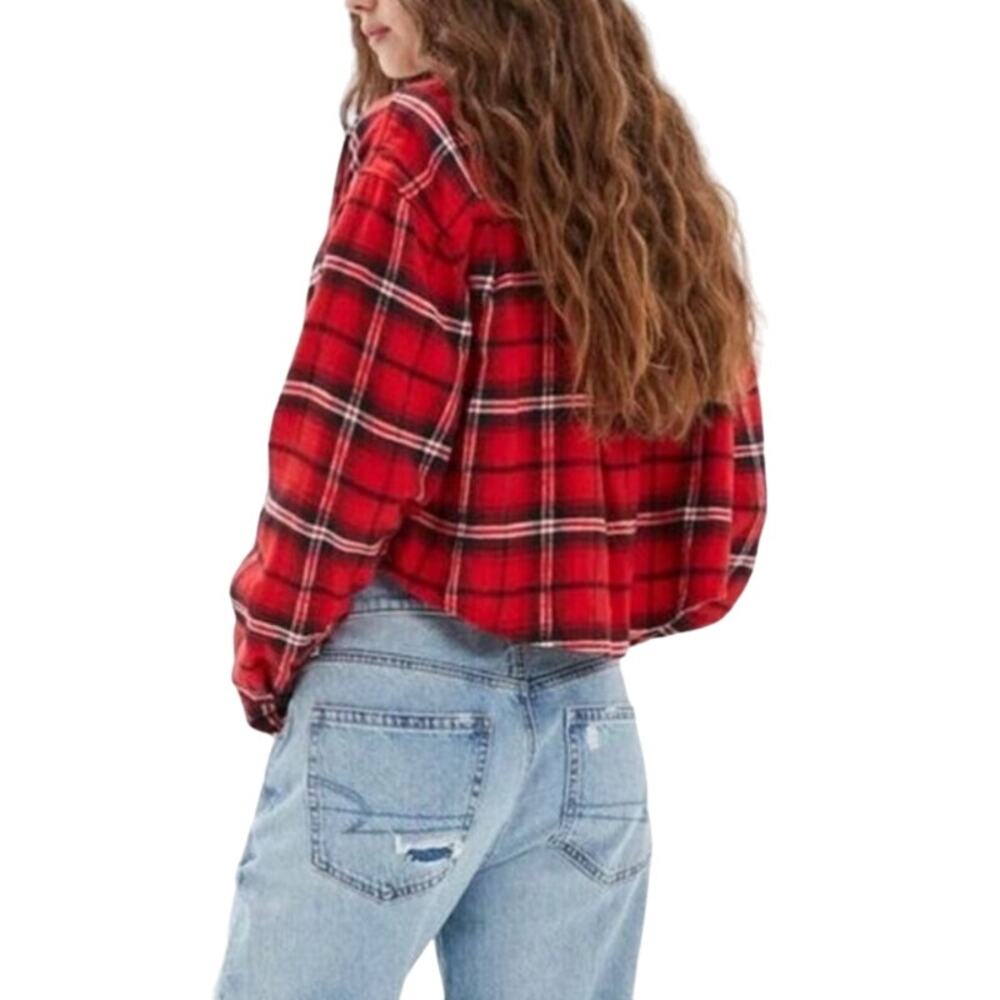 American Eagle Crop Flannel Button Down Red Plaid Top Size L - Picture 2 of 8